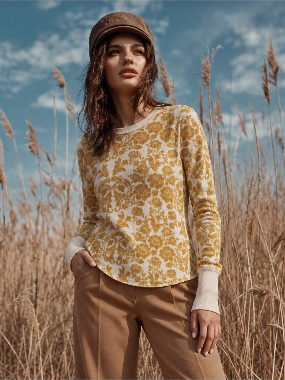 SUNDANCE DAMASK YELLOW THERMAL LONG SLEEVE TEE TOP SZ M